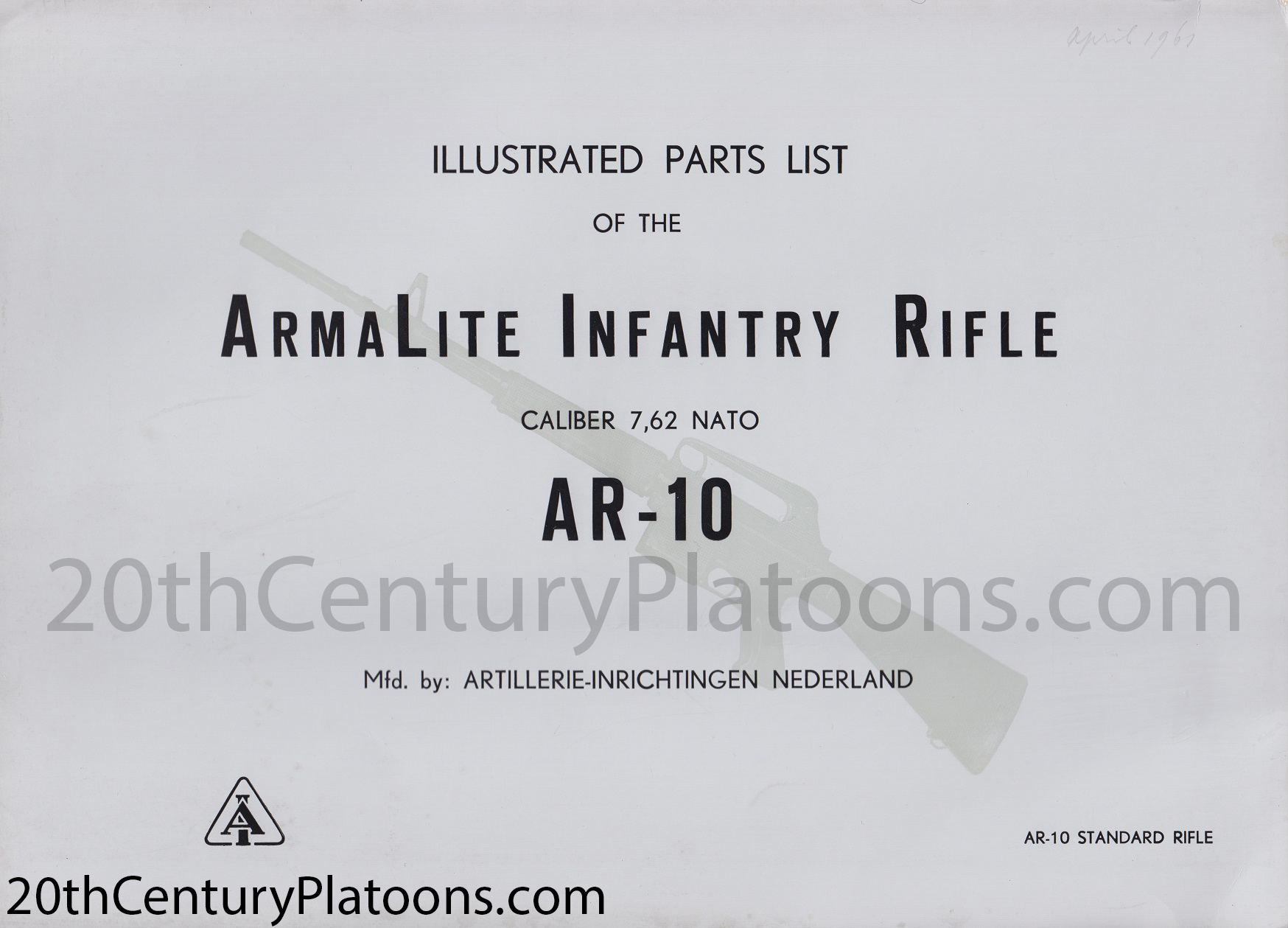 The cover page for the 1961 AI AR-10 parts list